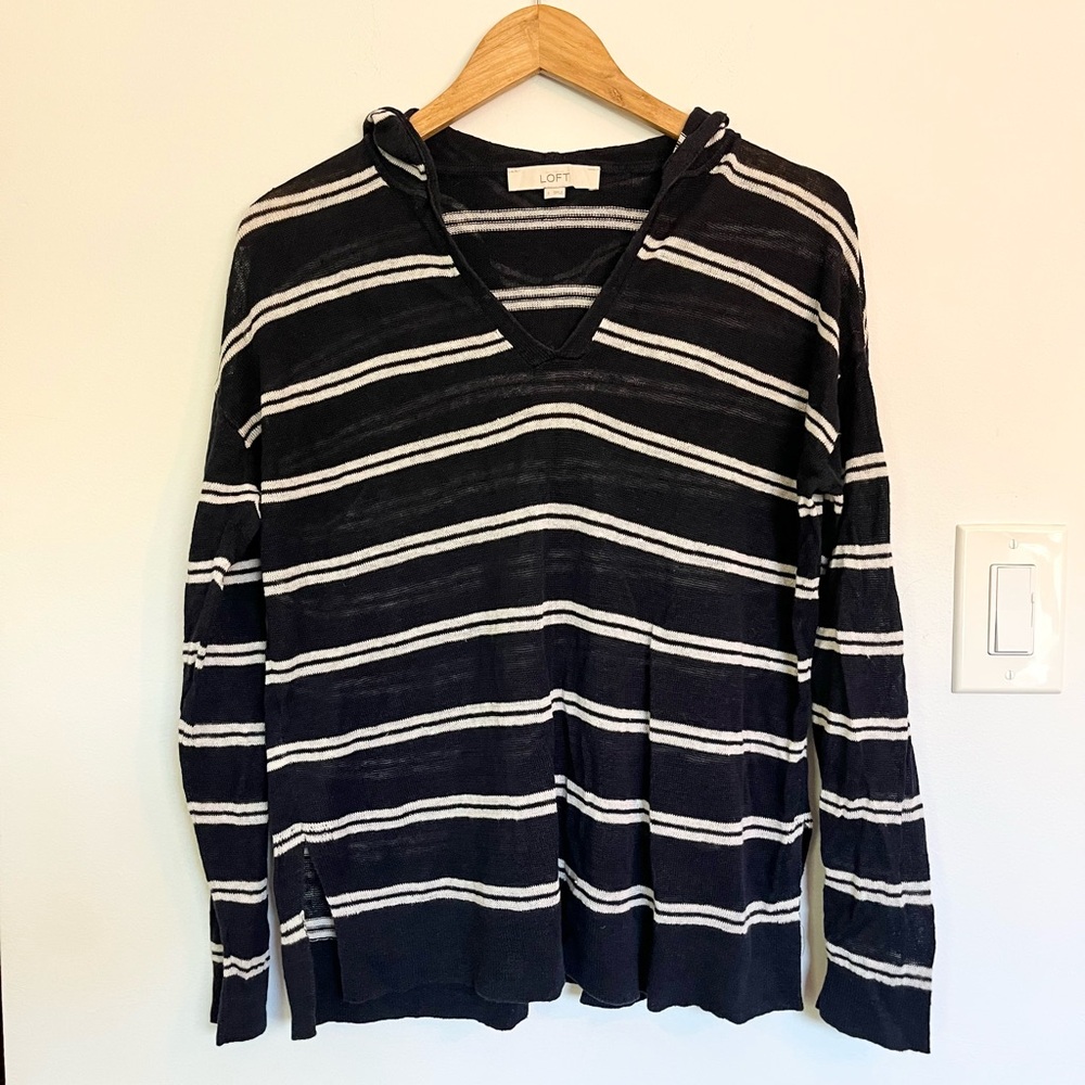 Loft navy and white striped pullover linen hoodie.